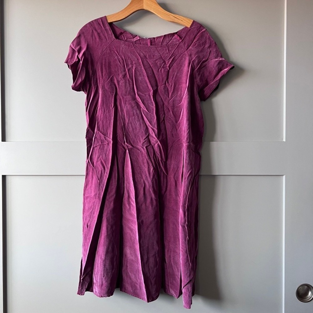 Womens Silk Plum Purple Square Neck Short‎ Sleeve Knee Length Dress Classic